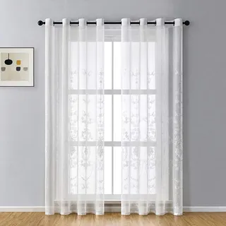 Lsimeru Vintage Gardinen Durchsichtig Wohnzimmer Barock Stickerei Blumenmuster 2er Set Tüll Weiß Gardinen Vorhänge Transparent Ösenschal 260x140