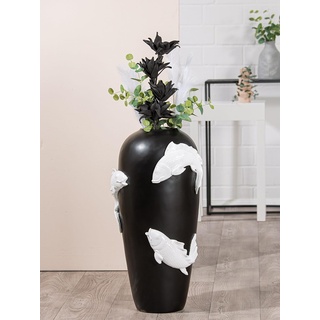 Casablanca Deko Vase groß Bodenvase - Vase XXL mit Koi Fischmotiv - Blumenvase aus Kunstharz - Dekoration Wohnzimmer Farbe: Schwarz Weiß Höhe 73 cm