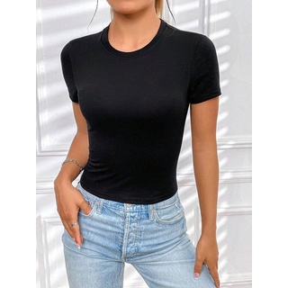 RMK T-Shirt Damen Shirt Top elegant kurzarm Rundhals Ausschnitt aus halbgekämmter Baumwolle, in Unifarbe schwarz 46-48