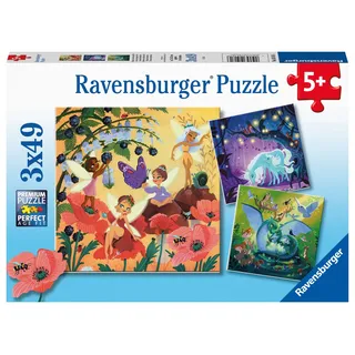 Ravensburger Kinderpuzzle - 05181 Einhorn, Drache und Fee - Puzzle für Kinder ab 5 Jahren, mit 3x49 Teilen