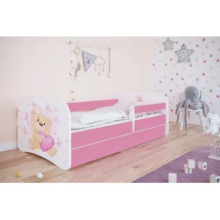Bjird Kinderbett Jugendbett 70x140 80x160 80x180 Rosa mit Rausfallschutz Schublade und Lattenrost Kinderbetten für Mädchen - Teddybär mit Schmetterlingen 140 cm