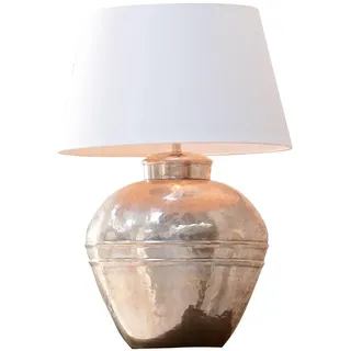 LOBERON Tischlampe Madison ,  creme/antiksilber | Jedes Stück ein Unikat, Lampenfuß in Hammerschlag-Technik handgearbeitet, Mit Antiksilber-Finish