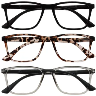 OPULIZE NYX Blaulichtfilter Lesebrille für Damen Herren - Blendfreie UV400-Schutz Federscharnier Anti-Müdigkeit - 3er-Pack - Rechteckiger Rahmen - Schwarz Braun Grau - + 1,00