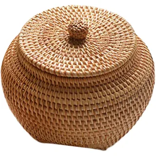 Rattan-Korb mit Deckel, Rattan-Box mit Deckel, 6,3 x 5,5 Zoll Rattankorb, handgewebter runder gewebter Korb, Desktop Decorative Box für Home Bauernhaus Küche 1