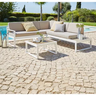 Ambia Garden Loungegarnitur, Weiß, Taupe, Kunststoff, Textil, 219x192 cm, Loungemöbel, Gartenlounge-Sets
