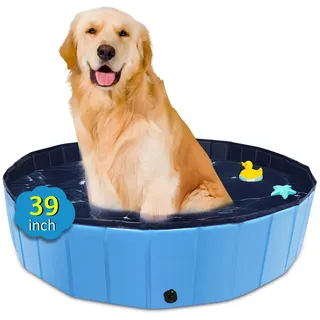 CACSPS Faltbarer Hundepool, 99,1 x 30,5 cm, Übergröße, Hartplastik, tragbarer Schwimmbad für Hunde, Katzen und Kinder, Haustier, Welpen-Badewanne, zusammenklappbar, Kinderpool (blau)