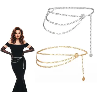KeDeFenWen 2 Stück Mehrschichtiger Kettengürtel Damen,Goldener Gürtel für Kleid,Accessoires Damen,Bauchkette,Körperkette Gold,Taillengürtel Silber,Verstellbare Taillenkette zum Jeans und Kleider - Einheitsgröße