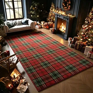 TBATM Weihnachten Tartan‐Teppich, Festliche Xmas‐Wohndekoration | Groß Vintage karierter Teppich, waschbarer rutschfester Bodenteppich für Wohn‐ und Schlafzimmer Esszimmer Büro