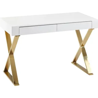 Schreibtisch 118x76x57 cm Holz Hochglanz Weiß Metallbeine Golden, Design Computertisch PC-Tisch Bürotisch Modern, Konsolentisch Schubladen - Weiß/Gold