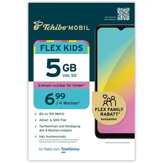 Tchibo MOBIL Flex Kids-Tarif SIM-Karte|5GB Datenvolumen+Allnet&SMS-Flat| Sicherer Smartphone-Tarif für Kinder inkl. Kostenschutz|Surfen mit LTE/5G|Nur 6,99€ alle 4 Wochen|Ohne Lange Vertragsbindung