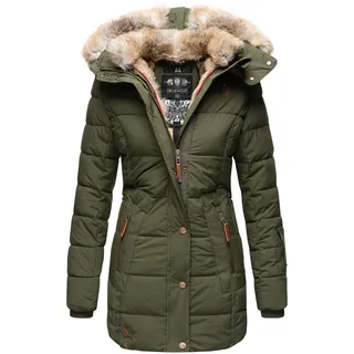 MARIKOO Damen stylischer Wintermantel Steppmantel mit Kunstpelz-Kapuze Lieblings Jacke