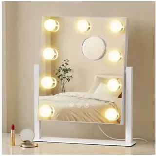 SONGMICS Schminkspiegel Hollywood Schminktischspiegel, Kosmetikspiegel, 25 x 30 cm, mattweiß, mit 9 LED-Glühbirnen, Touch-Steuerung, 3 Lichtfarben, dimmbar