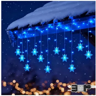 Rosnek LED-Lichtervorhang 12cm Schneeflocke Weihnachtsbeleuchtung, 8 Modi, Timer, anschliessbar, Speicherfunktionen; Wohnzimmer Deko blau