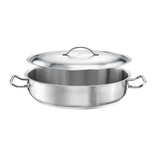 TOMGAST Servierpfanne mit Deckel Durchmesser: 32 cm Höhe: 7,5 cm Fassungsvermögen: 6 l | Edelstahl 18/10 | Wandstärke 1 mm bis 1,2 mm | Eingelegter Aluminium-Stahl-Boden | Induktion