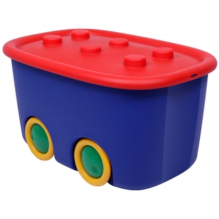 ONDIS24 Aufbewahrungsbox Spielzeugaufbewahrungsbox Spielzeugkiste Aufbewahrungsbox Kinder Spielzeugbox Funny mit großen Rädern und aufliegendem Deckel, 46 liter blau|rot