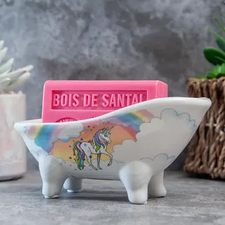 Label Provence Nature Savon de Marseille Seifenschale – Französischer Vintage-Stil Keramik Klauenfuß-Badewanne – selbstentleerend – perfekt für Badezimmer, Küche oder Heimdekoration – Einhorn-Fliesen