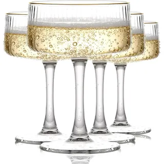 TOLASTO Sektschalen 4er Set,260 ml Champagnerschalen mit Goldrand,Vintage Coupe Gläser aus bleifreiem Glas für Champagner,Sekt,Prosecco und Cocktails,Geriffelte Cocktailgläser