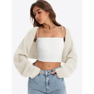 Imily Bela Bolero Damen Cropped Strick Langarm mit Ballonärmeln Offene Kurze Strickjacke (Packung, 1-tlg., 1per-Pack) gehäkelt in Unifarbe beige|weiß L