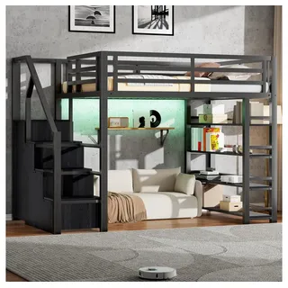 Ulife Hochbett Metall-Hochbett 140x200 m. Schrank & LED (Schwarz) schwarz