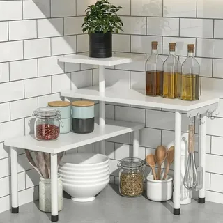 SOONHUA Eckregal Küche, Küchen Arbeitsplatten Organizer, 3 Etagen Gewürzregal mit 4 seitlichen Haken, verstellbare Ausrichtung, Platzsparend, Küchenregal Arbeitsplatte für Küche und Kaffeebereich