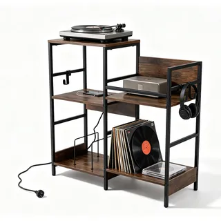 KOMFOTTEU Plattenspieler-Schrank mit Steckdose, Vinyl-Regal bis 200 Alben, 3 Haken, HiFi-Turm für CD DVD Manga Bücher, Vintage Möbel für Wohnzimmer, Schlafzimmer