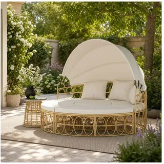 MODFU Sonneninsel 4-teilige Sonneninsel Rattanoptik Beige 178B x 85T x 66,5H cm, Outdoor Loungemöbel für Terrasse, Balkon und Gartenbereich 4 Teile, Garten Lounge mit ausziehbarem Dach und 5 Kissen Set beige