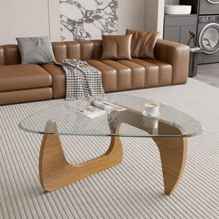 LOBO OFFICE Verbesserte Version Moderner Couchtisch Dreieckig aus Sicherheitsglas, Ecktisch mit Holzfuß, Skandinavischer Beistelltisch für Wohnzimmer, Apartment, Büro (Holzoptik)