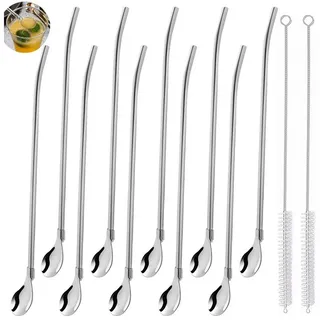 FOUORTUNATE-BEE Trinkhalme 10 Stück Edelstahl Trinkhalme Trinkhalmlöffel Löffelstrohhalme, (Wiederverwendbare Löffelhalme mit 2 Stück Strohhalm Reinigungsbürste, für Smoothies, Milchshakes, Cocktail, Kaffee) silberfarben