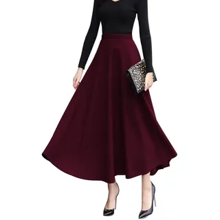 LWZDREAM Damen Winter Maxirock Glockenrock Wolle Vintage Elegant Lang Elastische Hohe Taille Langer Röcke Faltenrock(S,Weinrot) - S