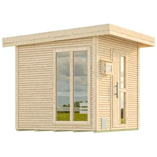 Weka Blockbohlen Saunahaus Kuopio - 45 mm Blockbohlennaturbelassen Inkl. bodentiefem Fenster 9 kW finnischem Saunaofen OS mit Ofenschutz, Anschlusskabel, analoger Steuerung