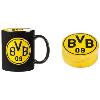 Borussia Dortmund BVB-Tasse mit Innendekor, Schwarz, Einheitsgröße (1er Pack) & BVB-Zauberhandtuch (60 x 30 cm), Schwarz/gelb