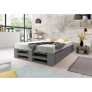Lermowood Palettenbett M2 aus Holz 140 x 200 cm Grau mit Lattenrost und 2 Bettkästen Holzbett 30cm Stabiles Seniorenbett Kinderbett Jugendbett Gästebett erhöhtes Bettgestell Futonbett Komforthöhe