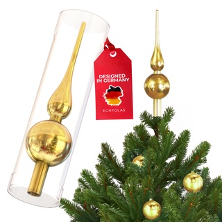 SantaTime Weihnachtsbaumspitze Echtglas glänzend 28cm - Extra Festliche Christbaumspitze aus Glas inkl. Aufbewahrungsbox - Perfekte Tannenbaumspitze (Gold glänzend)