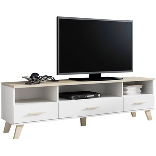 Stylefy Lowboard Latta 180 3S3K 53x160x40 Weiß Eiche (TV-Kommode, TV-Schrank), viel Stauraum, mit Schubladen, variabel stellbar, Skandinavisch Design weiß