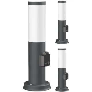 ledscom.de 3x Pollerleuchte PORU mit Steckdose für außen, anthrazit, rund, 38,5cm, inkl. E27 Lampe, 471lm, extra-warmweiß