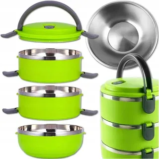 Thermo Lunchbox 3 Etagen 2,1 L – Edelstahl Warmhaltebehälter Mit Griff, Auslaufsichere Clips, Grün, Für Arbeit & Schule