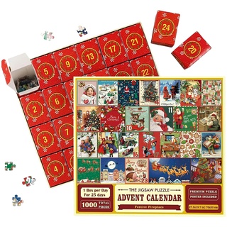 Hemousy Adventskalender 2023 Puzzle - 1000 Stück Weihnachts-Puzzles, 2023 Weihnachtspuzzles, 24 Tage Überraschungs-Weihnachts-Countdown-Kalender