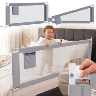 Bellabino Drina Rausfallschutz 150 cm, Hellgrau, höhenverstellbar 64-95 cm | Bettschutzgitter, Baby Bettumrandung mit Seitentasche, Schutzgitter Kinderbett, Bettgitter, Bettrausfallschutz für Kinder