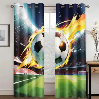WEQEER Fußball Sportfeld Vorhänge, Blaue 3D Fußball Muster Ösen Gardinen Bunter Fußball Kinder Verdunkelungs Vorhang Jungen Gardinen Für Schlafzimmer (7,100x140cm(2x50x140cm))