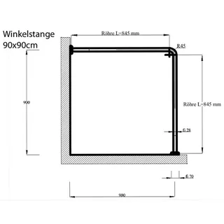 Ekershop Winkelstange Extra Dick! Alu Chrom matt Eloxiert 2er Duschvorhangstange 90x90 cm, Ø 28 mm, kürzbar, Verschraubt, Aluminium, für Duschvorhang ohne Duschvorhangringe silberfarben