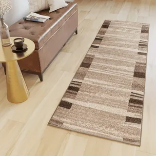 TAPISO Sari Teppich Läufer Flur Brücke Beige Braun Meterware Modern Design Wohnzimmer Schlafzimmer Küche Eingang Kurzflor ÖKOTEX 80 x 120 cm