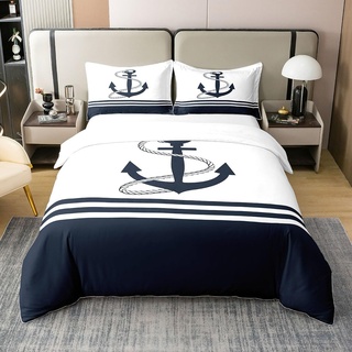 richhome 100% Baumwolle Marineblau Anker Bettbezug die ganze Saison, Ocean Sea Maritime Bettbezug, Streifen Print Bettbezug 2 Kissenbezügen 200x200 Größe