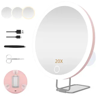 JJhxr 20X Vergrößerungsspiegel mit Licht,15.24 cm großer Makeup Vergrößerungsspiegel, 3 Farben Dimmbarer Makeup Spiegel mit 360° Tischständer, Tragbarer LED Vergrößerungsspiegel mit 3 Saugnäpfen