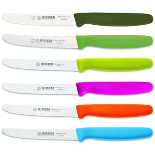 Giesser Messer 6er Set bunt Tomatenmesser Brötchenmesser Allzweckmesser 11cm Wellenschliff 3mm - olive hellgrün limette pink orange hellblau