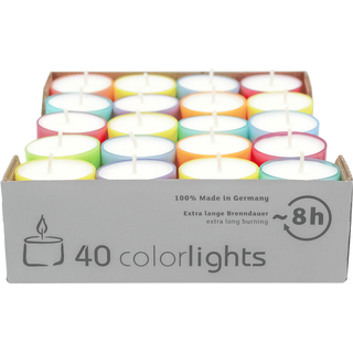 Colorlights Summer-Edition, WENZEL-Teelichter, Brenndauer ca. 8h, 24/38 mm, 40 Stück pro Verpackung
