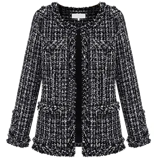 MISSMAO Damen Relaxed Fit Karierter Blazer Damen Tweedjacke Herbstlicher Cardigan Winter Pullover Weibliche Strickjacke Schwarz L - XL