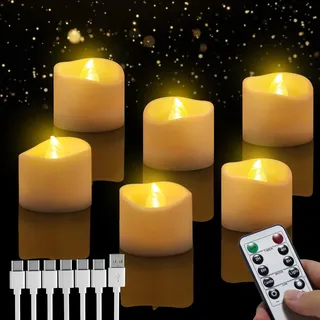 daphomeu LED Teelichter Wiederaufladbar, Timer, Fernbedienung für Halloween | 100 Std. Leuchtdauer, flackernde Flamme, Ø3,6cm x 3,2cm, 6 Stück, 3 Std. Ladezeit, für Weihnachten/Hochzeit, kindersicher