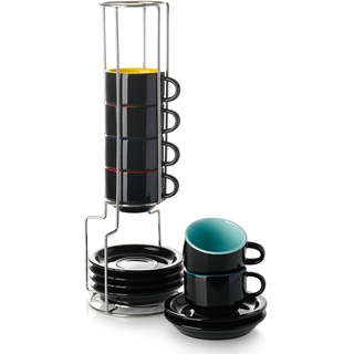 Teocera Espressotassen aus Porzellan mit Untertassen und Metallständer – Set mit 6 stapelbaren Demitasse-Tassen, 70 ml, für Kaffee und Tee, schwarz mehrfarbig