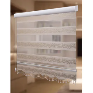 PlisseeOnline Doppelrollo Duorollo mit Alu Kassette und Motiv Rankenmuster und Perlen Blickdicht freihängend Zebra Perde mit Motiv Gold Silber Glitzer Breite 120 cm Höhe 250 cm