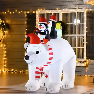 Aufblasbarer Homcom Weihnachts-eisbär Mit Led-beleuchtung, 206 Cm, Wasserdichte Aufblasbare Weihnachtsdekoration, 2 Pinguine